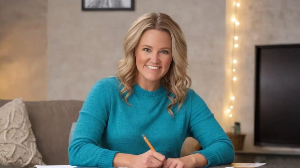 Morgan Middleton, a Strategic Virtual Assistant, smiling while writing with a pencil at a table. She’s wearing a teal sweater and seated in a cozy living room with soft lighting and string lights in the background.