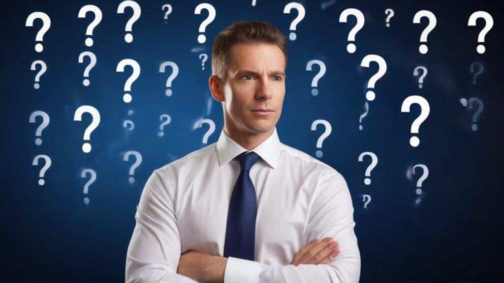 A man in a white shirt and dark tie stands with arms crossed, looking thoughtful against a dark blue background filled with large white question marks. The image conveys curiosity or problem-solving, suitable for a frequently asked questions section.