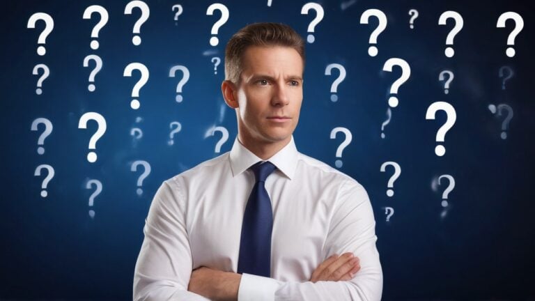A man in a white shirt and dark tie stands with arms crossed, looking thoughtful against a dark blue background filled with large white question marks. The image conveys curiosity or problem-solving, suitable for a frequently asked questions section.