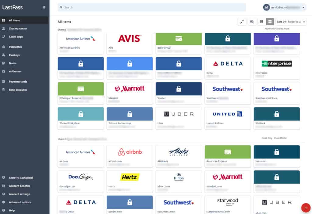 Screenshot of a LastPass dashboard showing a user's saved vault entries, with brand icons like American Airlines, Marriott, Delta, Uber, and Southwest Airlines. Sensitive information is blurred for privacy, and the layout is organized by folders and item types such as passwords and notes.