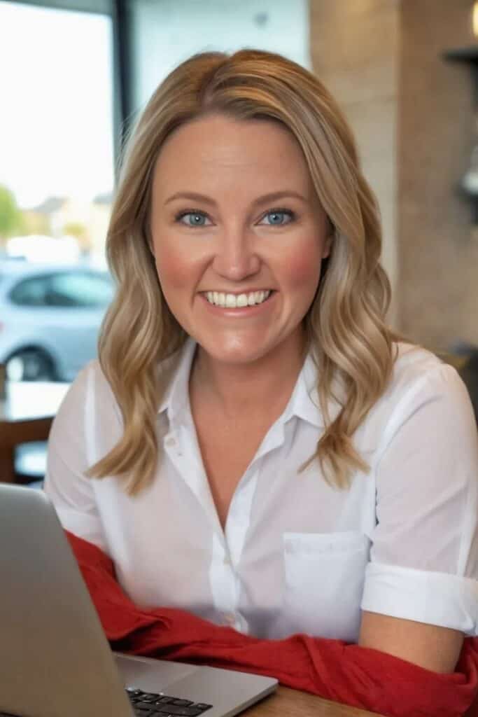 Smiling woman with shoulder-length blonde hair and blue eyes, wearing a white button-down shirt and sitting at a table with a laptop, identified as Strategic Virtual Assistant Morgan Middleton. Natural light from a window highlights her face in a cozy café setting.