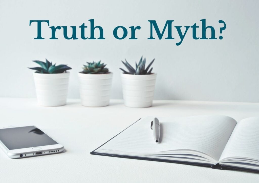 Three small potted succulents in white containers sit on a white desk next to a smartphone and an open lined notebook with a pen, under the bold text “Truth or Myth?”. Clean and minimal layout suggests a setting for reflection, writing, or discussion.