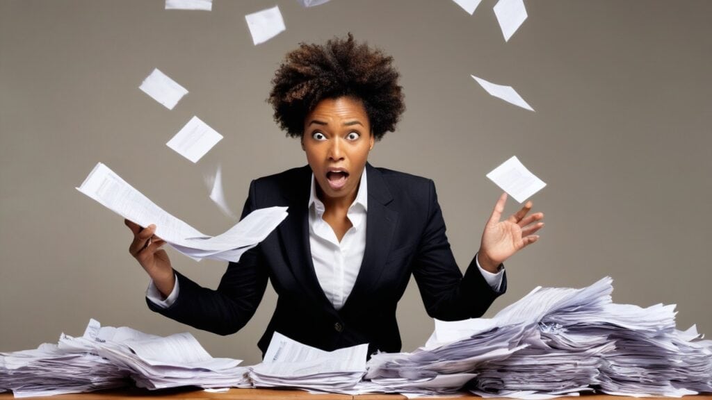 A stressed professional woman in a suit sits behind a cluttered desk piled high with paperwork, looking overwhelmed as loose sheets fly through the air. The image conveys chaos and information overload.