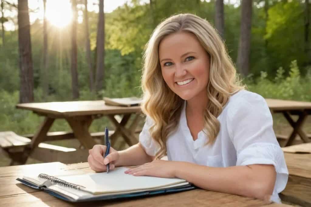 Woman with long blonde hair wearing a white blouse smiles while writing in a notebook at a wooden picnic table. She is surrounded by tall trees and warm sunlight, creating a calm and natural outdoor setting.