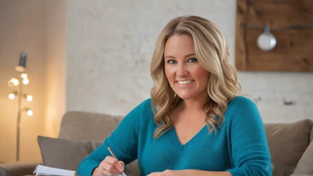 Smiling woman with blonde hair wearing a teal sweater sits on a beige couch writing in a notebook. She appears relaxed and professional in a cozy, well-lit living space, representing a Virtual Executive Assistant like Morgan Middleton.