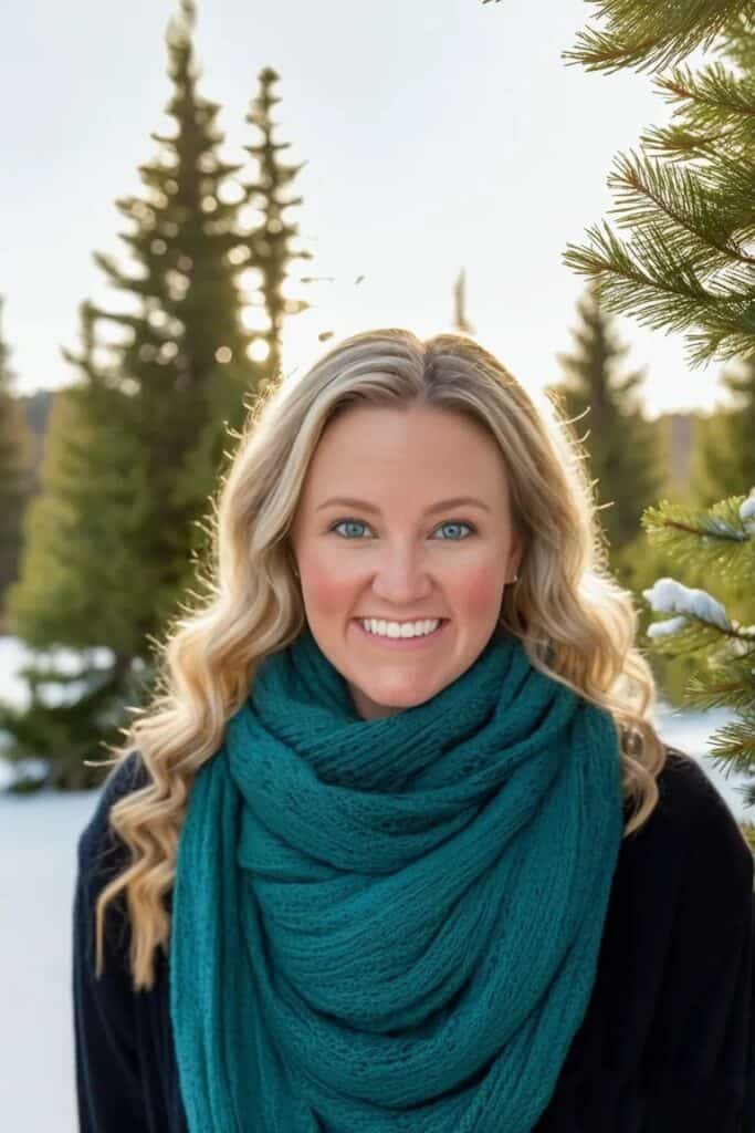 Woman with curly blonde hair smiles outdoors in a snowy forest, wearing a thick teal scarf and dark coat. The evergreen trees and natural light frame her warmly.