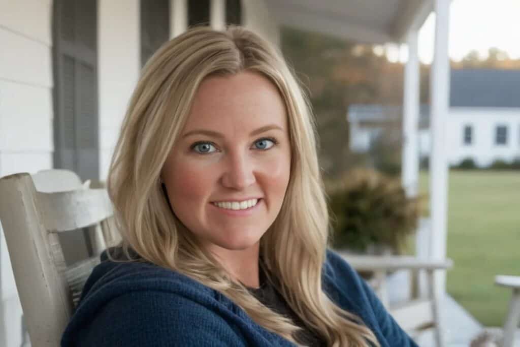 Blonde woman with blue eyes smiles while sitting on a wooden rocking chair on a front porch. She wears a navy hoodie and appears relaxed and approachable, reflecting the personality of a dedicated Virtual Executive Assistant like Morgan Middleton.
