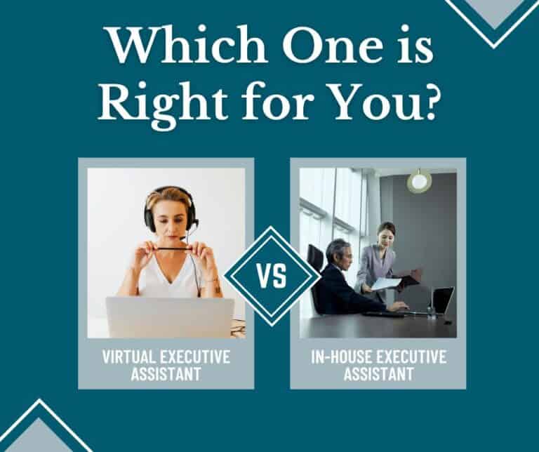 Comparison graphic titled 'Which One is Right for You?' showing a virtual executive assistant wearing a headset and working on a laptop on the left, and an in-house executive assistant handing documents to a seated professional in an office on the right, with 'VS' between the two.