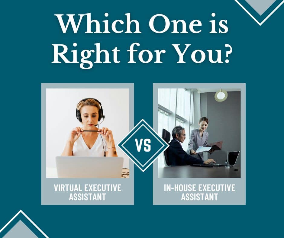 Comparison graphic titled 'Which One is Right for You?' showing a virtual executive assistant wearing a headset and working on a laptop on the left, and an in-house executive assistant handing documents to a seated professional in an office on the right, with 'VS' between the two.